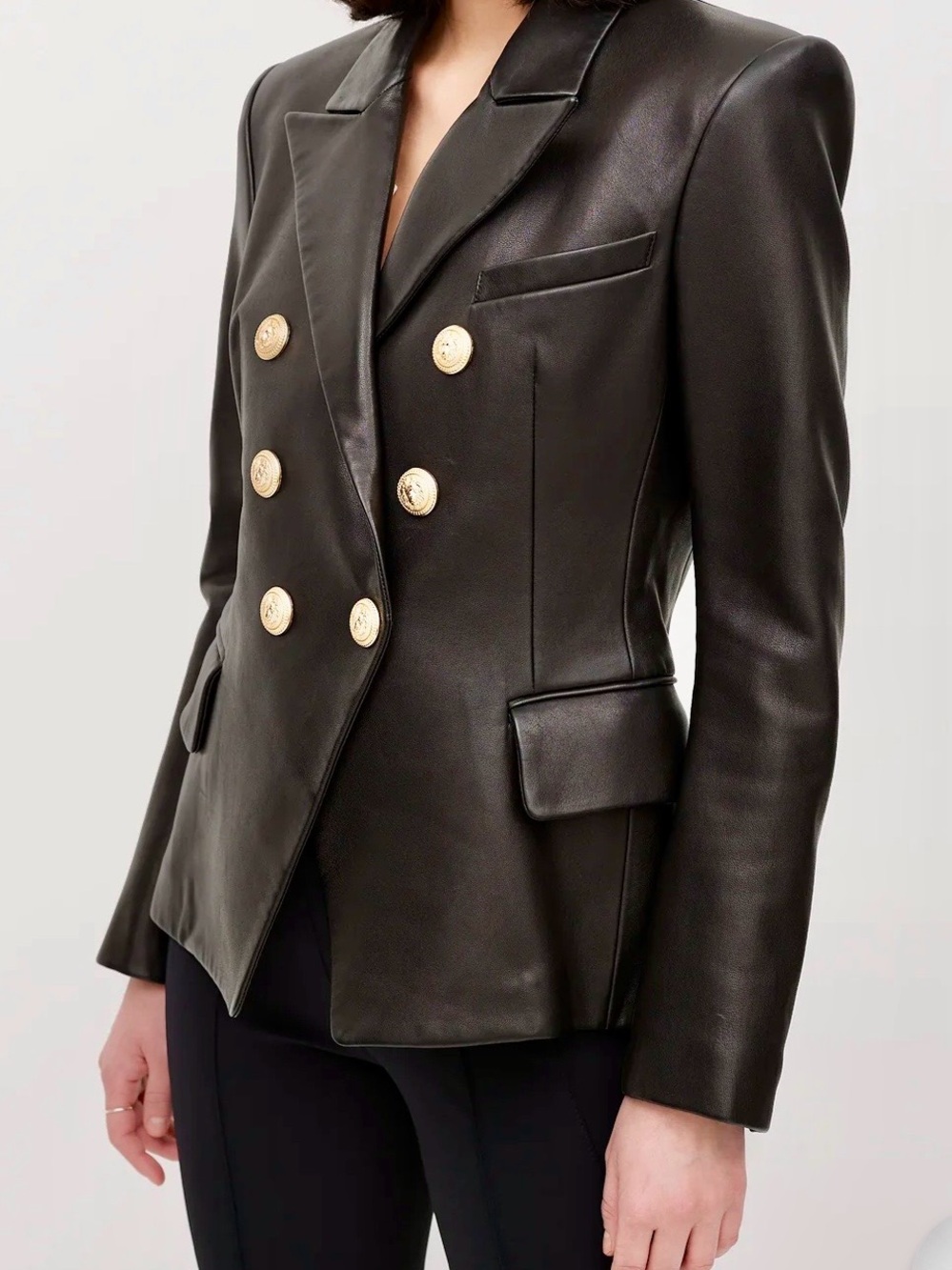 Black Double-Breasted Lambskin Leather Blazer with Gold Buttons